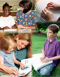 Photo collage of children reading braille books