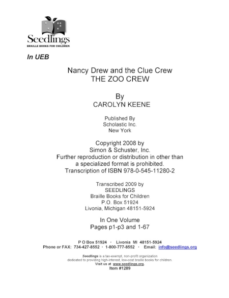 Cover image of Nancy Drew and the Clue Crew The Zoo Crew by Carolyn Keene