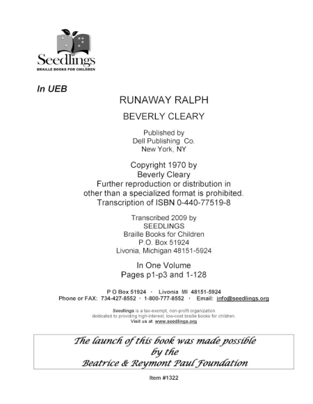 Cover Image of Runaway Ralph by Beverly Cleary