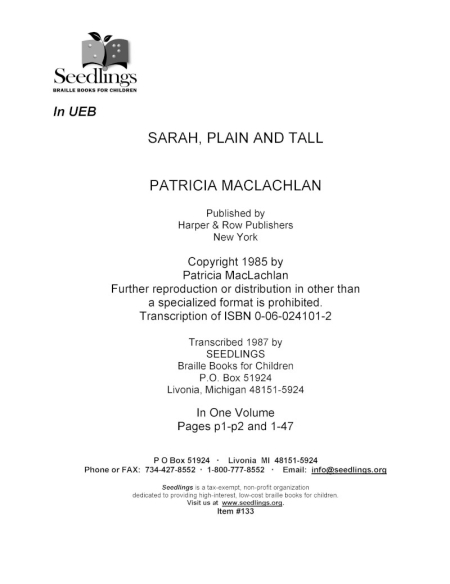 Cover Image of Sarah, Plain and Tall by Patricia Maclachlan