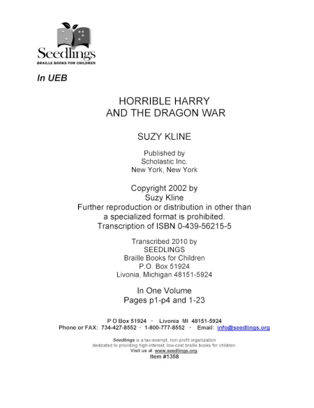 Cover Image of Horrible Harry and the Dragon War by Suzy Kline