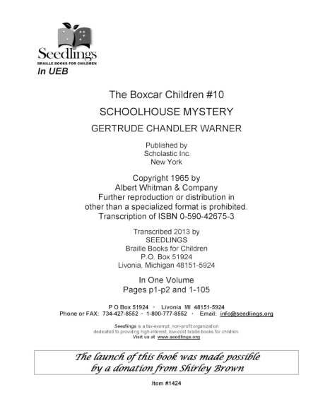 Cover Image of The Boxcar Children #10 Schoolhouse Mystery by Gertrude Chandler Warner