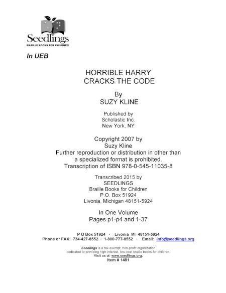 cover of Horrible Harry Cracks the Code by Suzy Kline