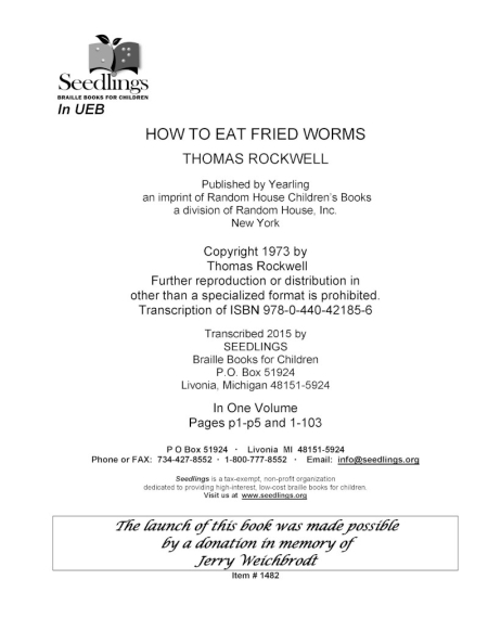 How to Eat Fried Worms by Thomas Rockwell
