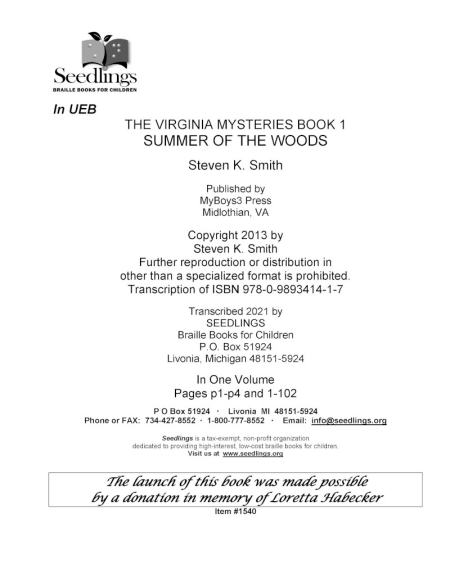 Cover image for The Virginia Mysteries Book 1 Summer of the Woods by Steven K Smith