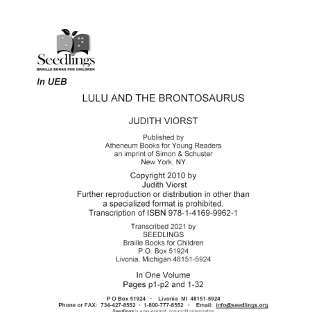 Cover image for Lulu and the Brontosaurus by Judith Viorst