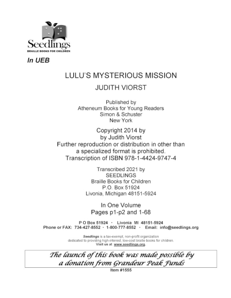 Cover Image for Lulu's Mysterious Mission by Judith Viorst