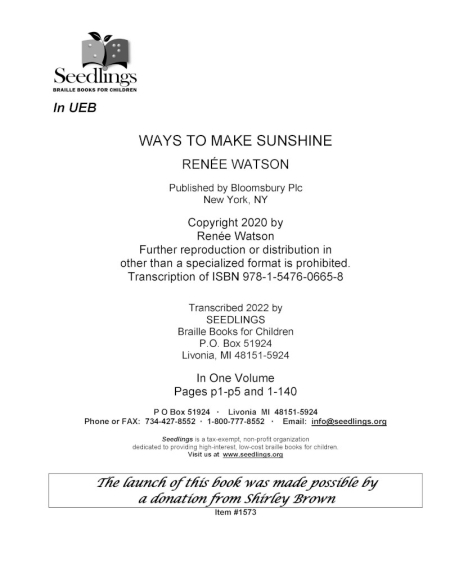 Cover image for Ways to Make Sunshine by Renee Watson