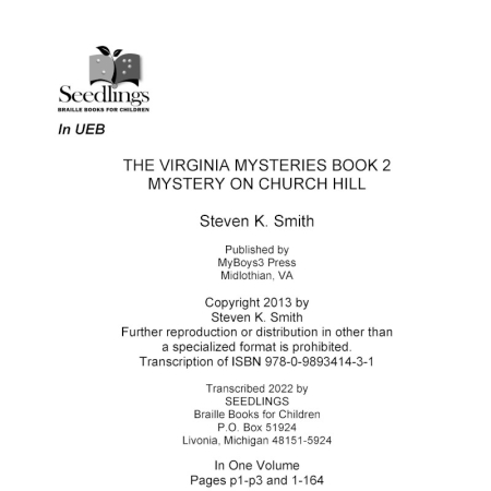 Cover image for The Virginia Mysteries Book 2 Mystery on Church Hill by Steven K. Smith