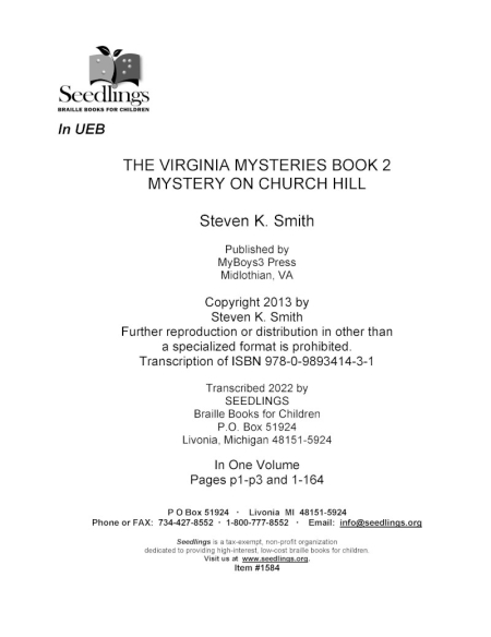 Cover image for The Virginia Mysteries Book 2 Mystery on Church Hill by Steven K. Smith