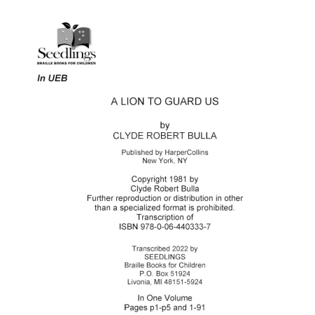 Cover image for A Lion to Guard Us by Clyde Robert Bulla