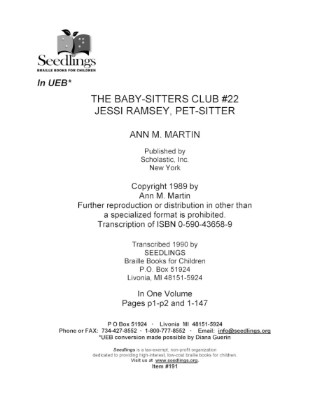 Cover image for The Baby-Sitter's Club #22 Jessi Ramsey, Pet Sitter by Ann M. Martin