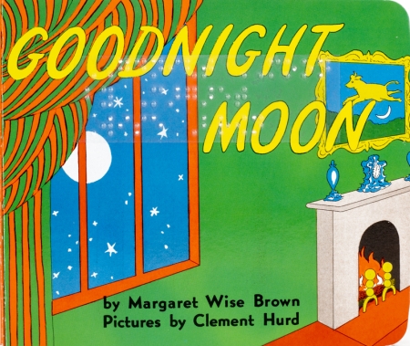 Goodnight Moon cover image with illustration of moon through the window and fireplace and braille sticker