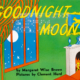 Goodnight Moon cover image with illustration of moon through the window and fireplace and braille sticker