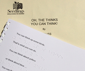 Oh The Things You Can Think! cover and example of braille