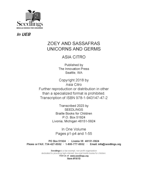 Cover for Zoey and Sassafras: Unicorns and Germs