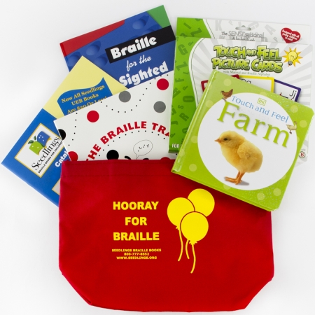 Hooray for Braille Kit with a red tote bag, board book, and braille resources.