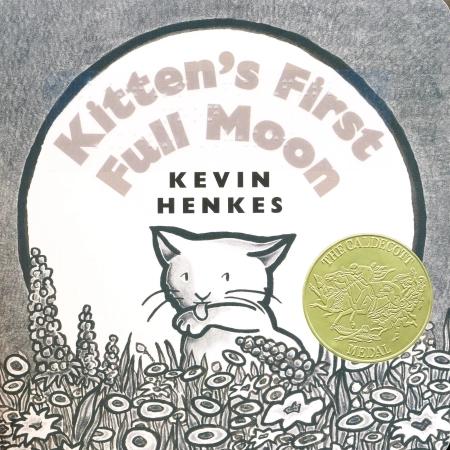 The front cover of the book shows a full moon in the background with a white cat licking its paw in a field of wildflowers.