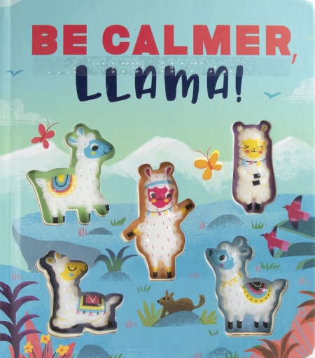 Cover of Be Calmer Llama with touchable llamas transcribed in braille