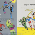 Interior Spread for My First Book of Super Villains with pictures of villains and heroes with braille stickers
