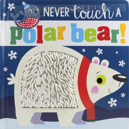 A cartoon polar bear wears a red scarf and smile. It's fur is tactile and silicone.