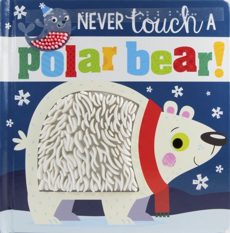 A cartoon polar bear wears a red scarf and smile. It's fur is tactile and silicone.