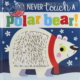 A cartoon polar bear wears a red scarf and smile. It's fur is tactile and silicone.