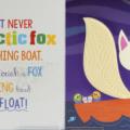 Interior page spread for Never Touch a Polar Bear! showing a fox fishing and braille stickers.