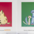 Inside spread for All Kinds of Families with illustrations of cat and dog families with braille stickers.