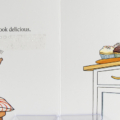 Inside spread for Happy Birthday, Mouse! showing illustration of a mouse jumping for cupcakes, with braille sticker