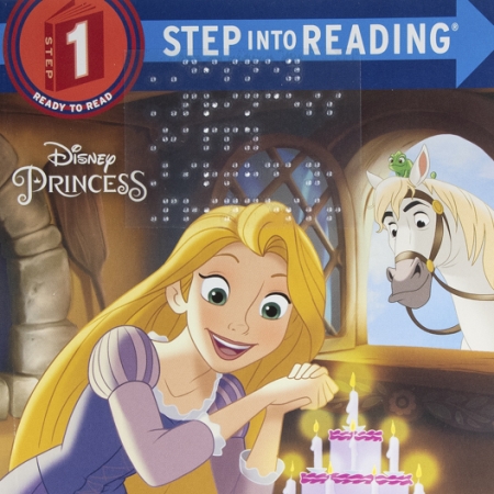 Cover for Happy Birthday Princess! with illustration of Repunzel and a cake with Max the horse and a braille sticker.