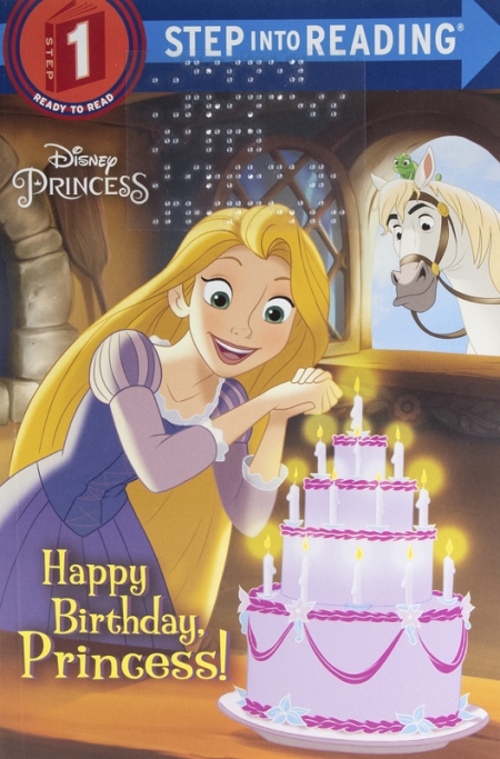 Cover for Happy Birthday Princess! with illustration of Repunzel and a cake with Max the horse and a braille sticker.