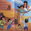 Interior page spread for Happy Birthday Princess with illustration of Princess Jasmine and Aladdin giving candy to children and braille sticker