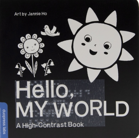 Cover of Hello, My World with illustration of sun and flowers and braille sticker.