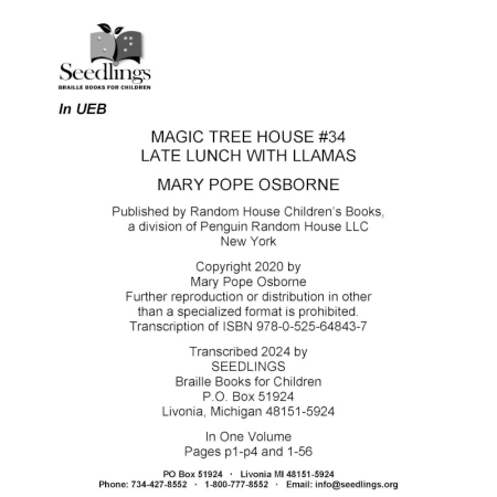 Cover of Magic Tree House #34: Late Lunch with Llamas by Mary Pope Osborne