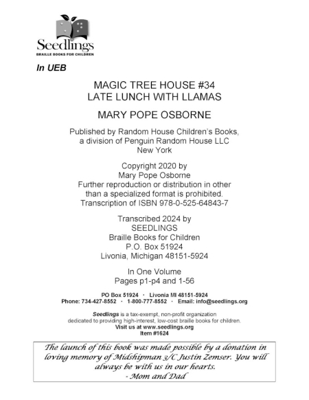 Cover of Magic Tree House #34: Late Lunch with Llamas by Mary Pope Osborne