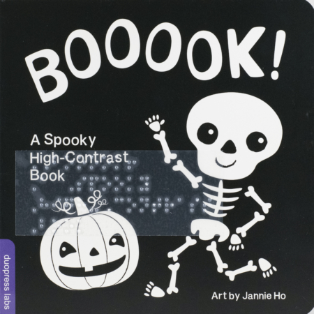 Cover of BOOOOK! with braille and black and white, high contrast print and images