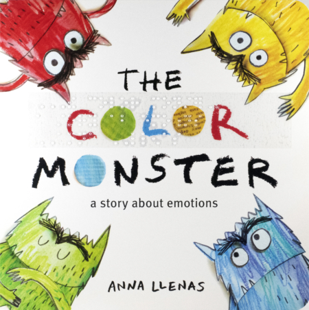 Cover of The Color Monster with a white background and four monsters of different colors and expressions