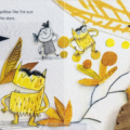 Interior spread with print and braille for The Color Monster with yellow illustrations on a white background