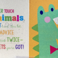 Interior spread with print and braille for Never Touch a Crocodile with colorful print words and a green crocodile with tactile teeth