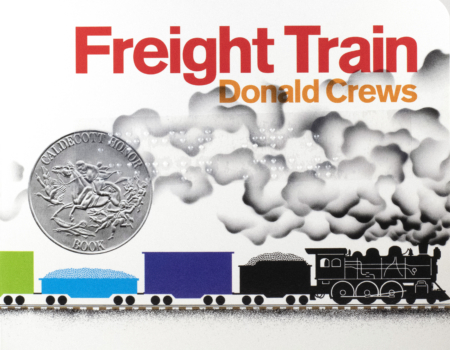 Cover of Freight Train with braille, a colorful train, and a silver Caldecott Honor award