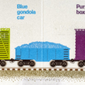 Interior spread with print and braille for Freight Train with pictures of green, blue, and purple train cars