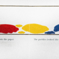 Interior spread with print and braille for Mouse Paint showing three mice playing in red, yellow, and blue paint puddles