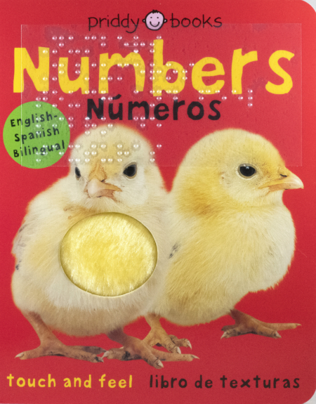 Cover of Numbers Numeros with print and braille on a red background and a tactile, fuzzy yellow duck
