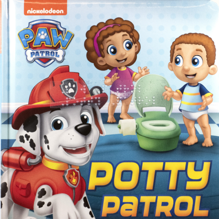 Cover of Paw Patrol: Potty Patrol with print, transcribed braille, and a picture of a Paw Patrol dog