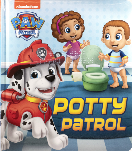 Cover of Paw Patrol: Potty Patrol with print, transcribed braille, and a picture of a Paw Patrol dog