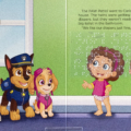 Interior spread with print and braille for Paw Patrol: Potty Patrol showing print and transcribed braille with a picture of the Paw Patrol team