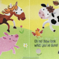 Interior spread with print and braille for Don’t Tickle the Pig! with a picture of a cow, sheep, cow, and horse
