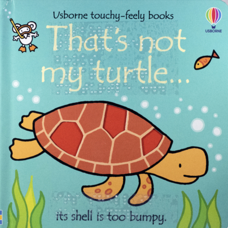 Cover of That's Not My Turtle showing a orange turtle on a teal background with print words and transcribed braille