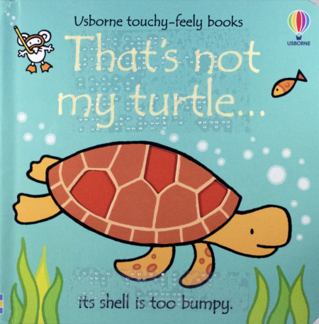 Cover of That's Not My Turtle showing a orange turtle on a teal background with print words and transcribed braille
